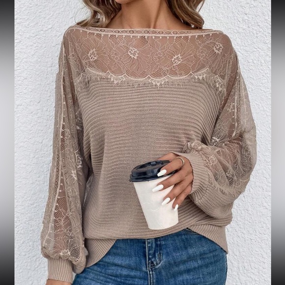 Comfy Elegant Sheer Mesh Lace Boat Neck Batwing Sleeve Sweater Top Burgundy - Picture 15 of 15